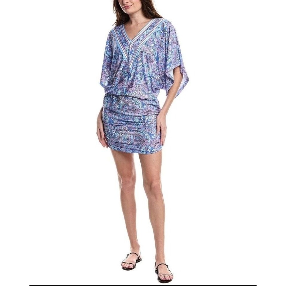 Carmen Marc Valvo Swimwear Coverup Dress Womens Large Floral Ruched Stretch Boho